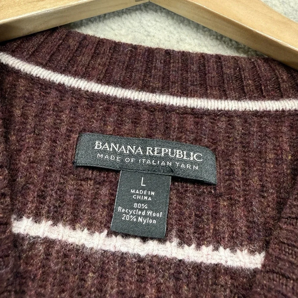 Banana Republic Mens Wool Blend Sweater Burgundy Stripe‎ Crew Neck Large